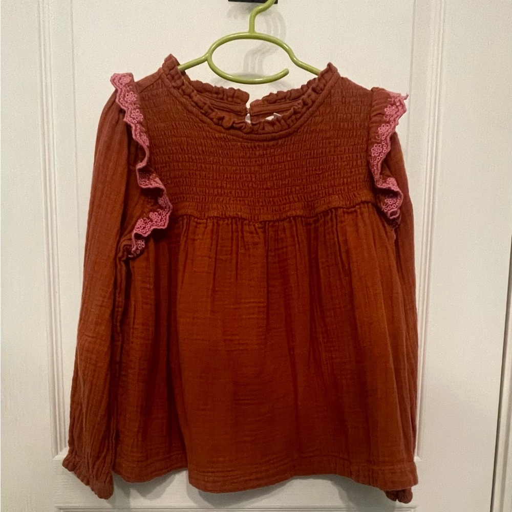 Rust Colored Cat & Jack Long Sleeve Top with Pink Ruffle Trim